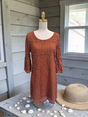Garnet Hill Women’s Lace Overlay 3/4 Bell Sleeve Midi Dress Rust Brown Sz 6